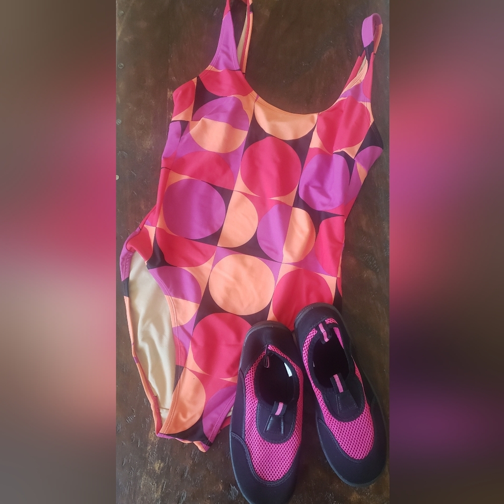 Swim Suit M ( One Pc.) & Water Shoes 7-8